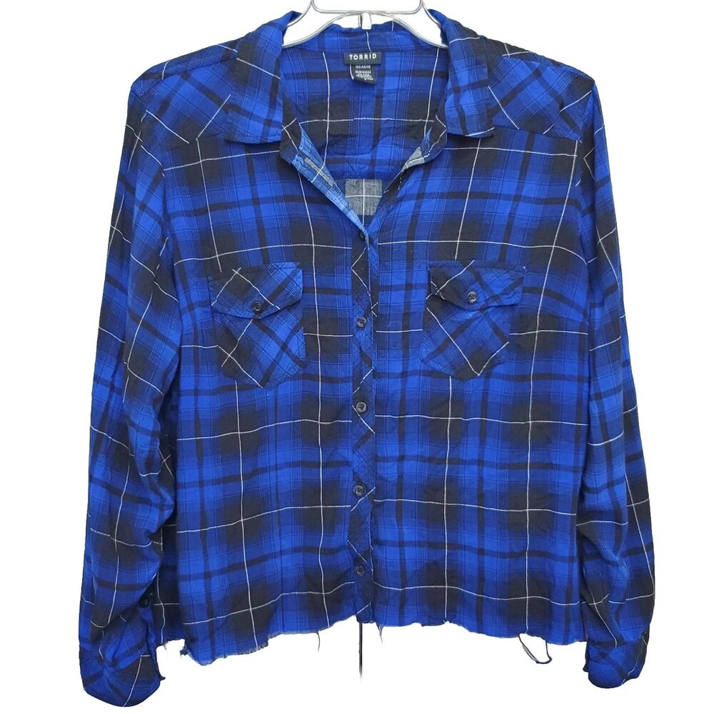 Torrid Cobalt Blue Challis Flannel Cut-Off Frayed Hem Button-up Shirt Size 3 3X